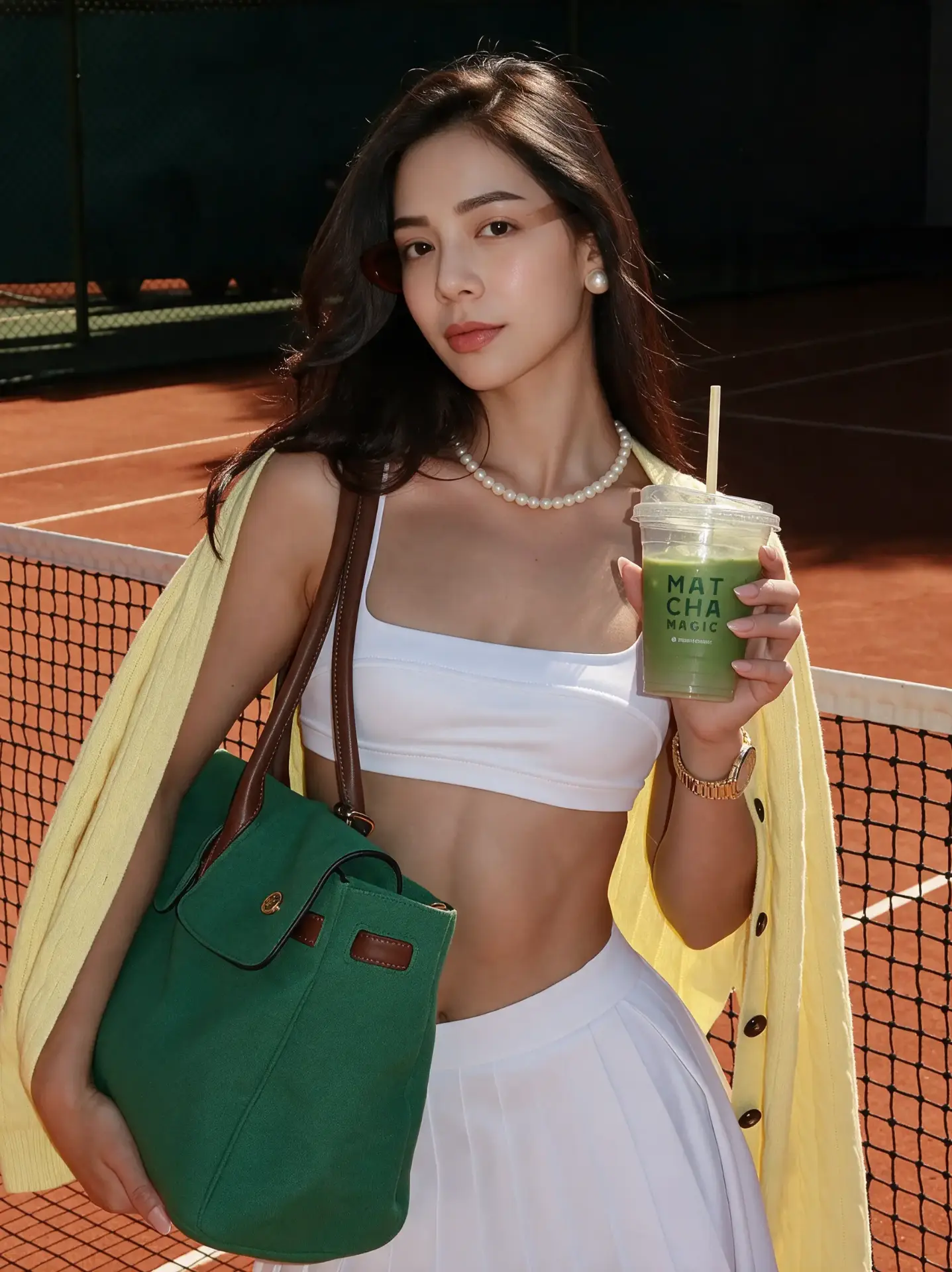 Editorial fashion shoot of a model holding a matcha drink on a tennis court