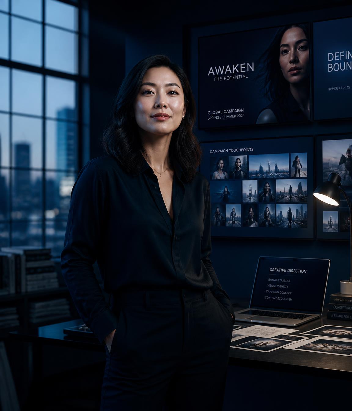 Creative director reviewing an AI generated marketing campaign in a studio