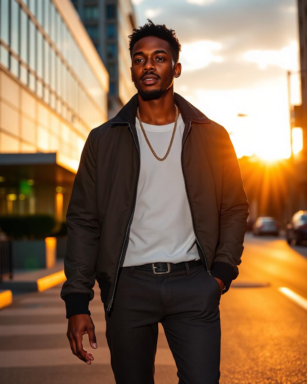 Man in a stylish jacket walking a city street at golden hour