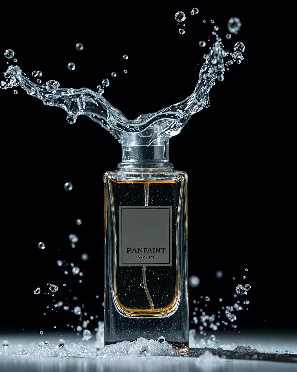 Perfume bottle with water splashing around it, frozen mid air