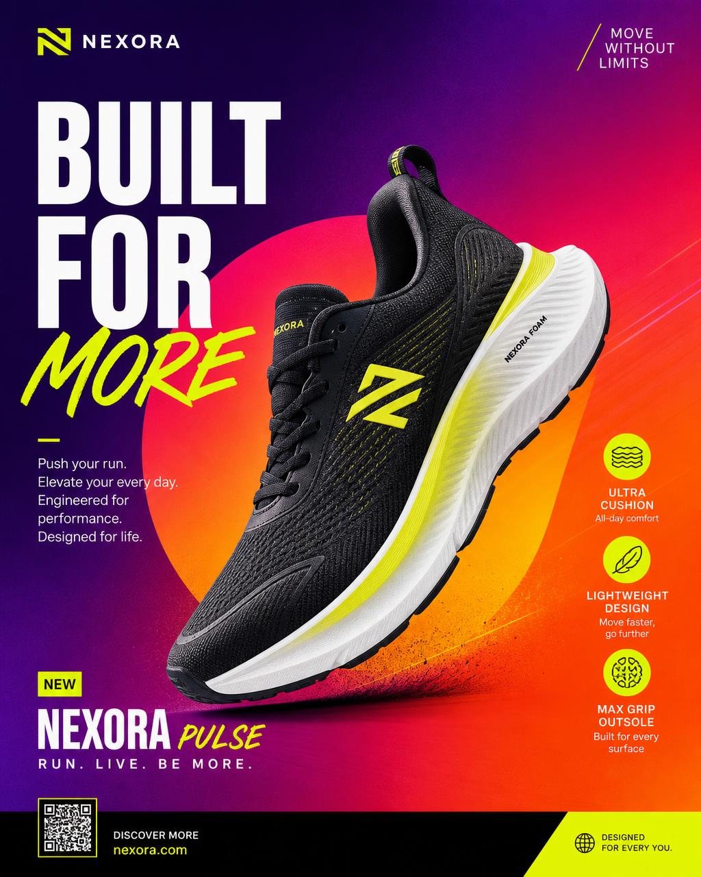 Bold advertising poster for a running shoe with vivid gradient background