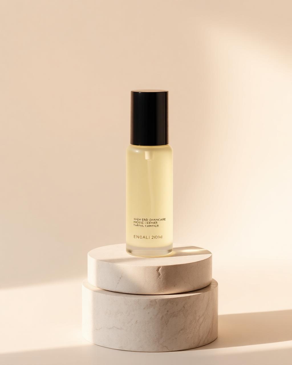 Minimalist skincare bottle on a stone pedestal in a cream studio set