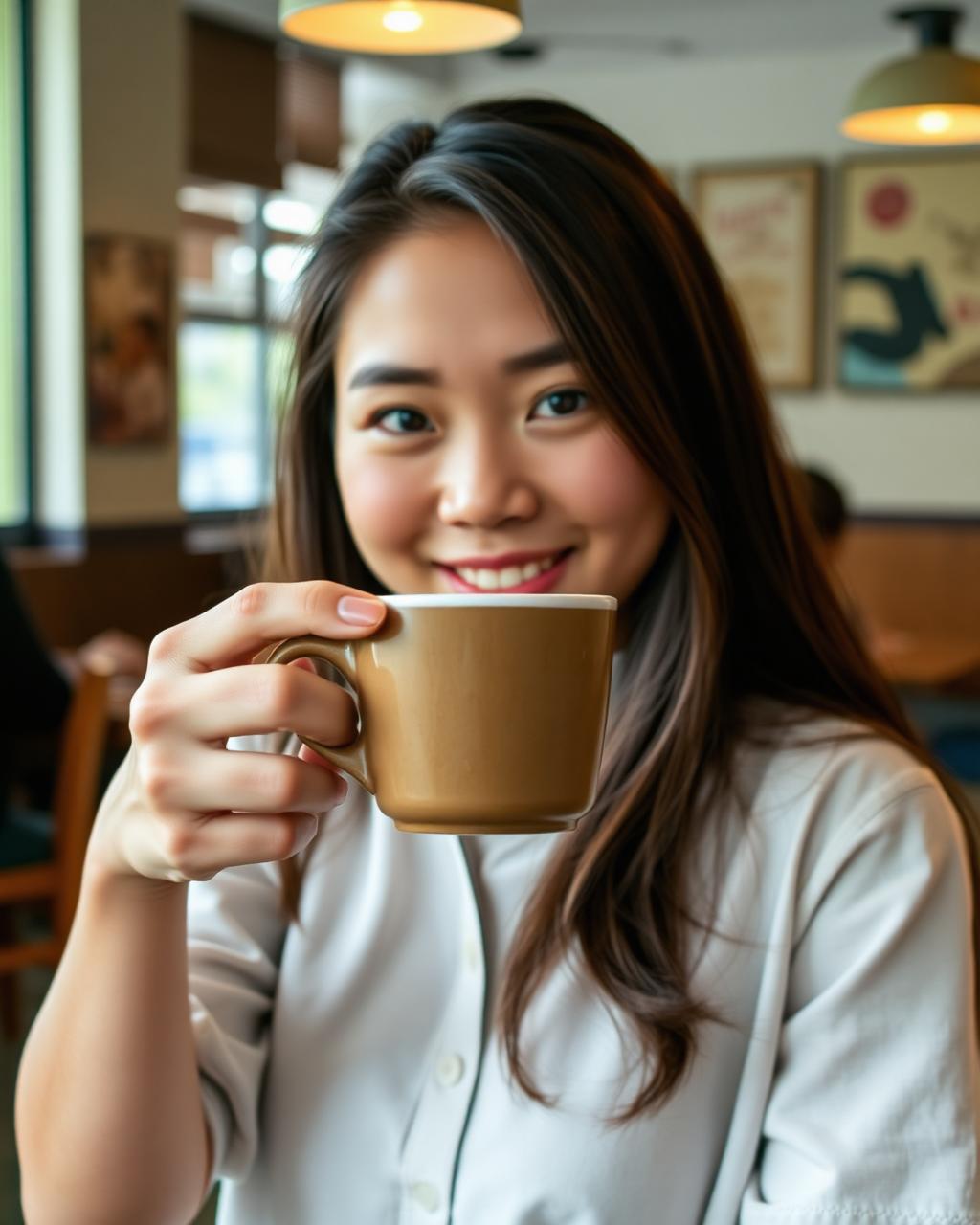 Creator holding a coffee cup toward the camera in a cafe