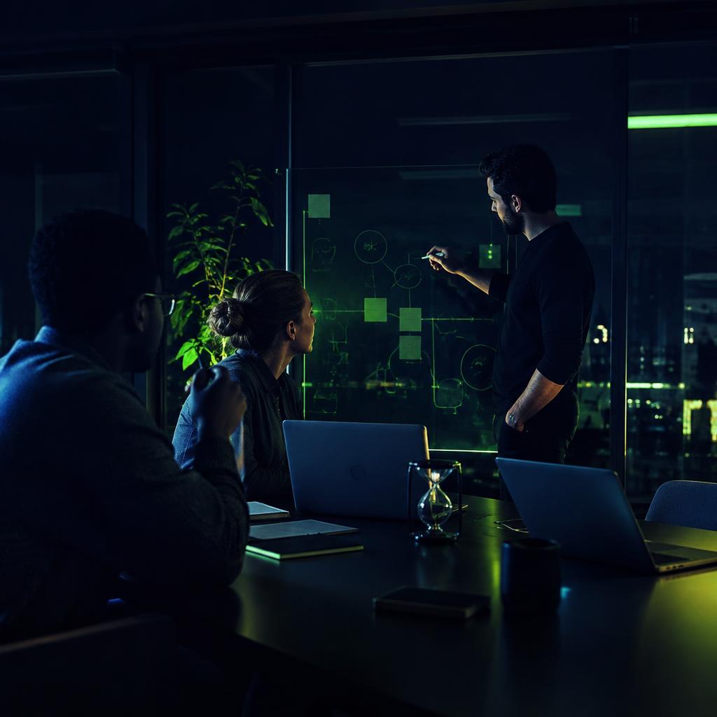 A team collaborating around a glass board at night