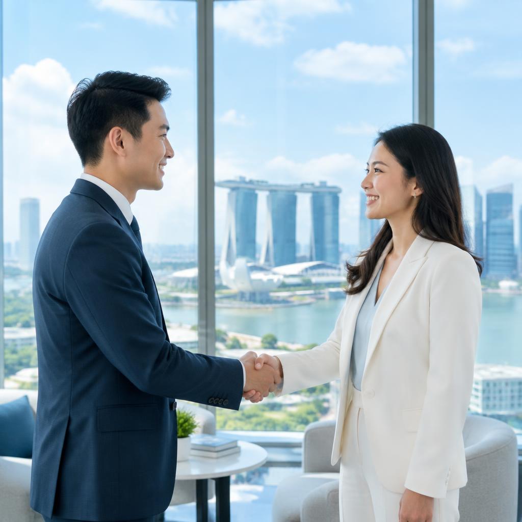 Two partners shaking hands in a bright Singapore office