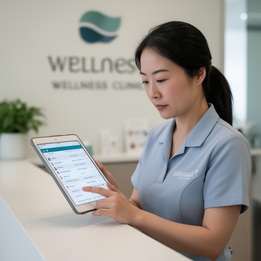 Clinic receptionist reviewing patient appointment list on a tablet