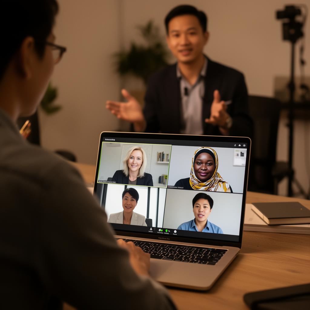 Coach hosting a webinar with attendees on a laptop screen