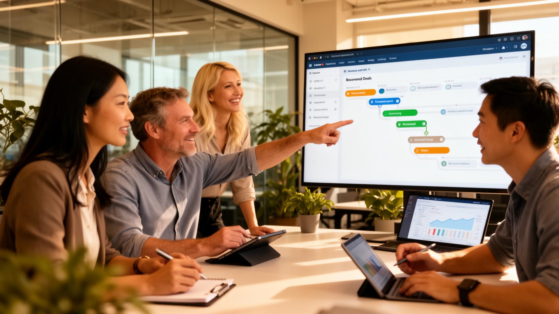 Revenue operations team reviewing recovered pipeline on a CRM dashboard