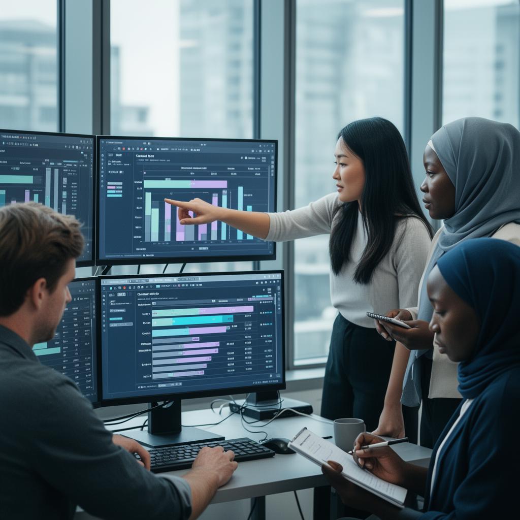 B2B SaaS RevOps team analysing closed-lost pipeline on multiple monitors