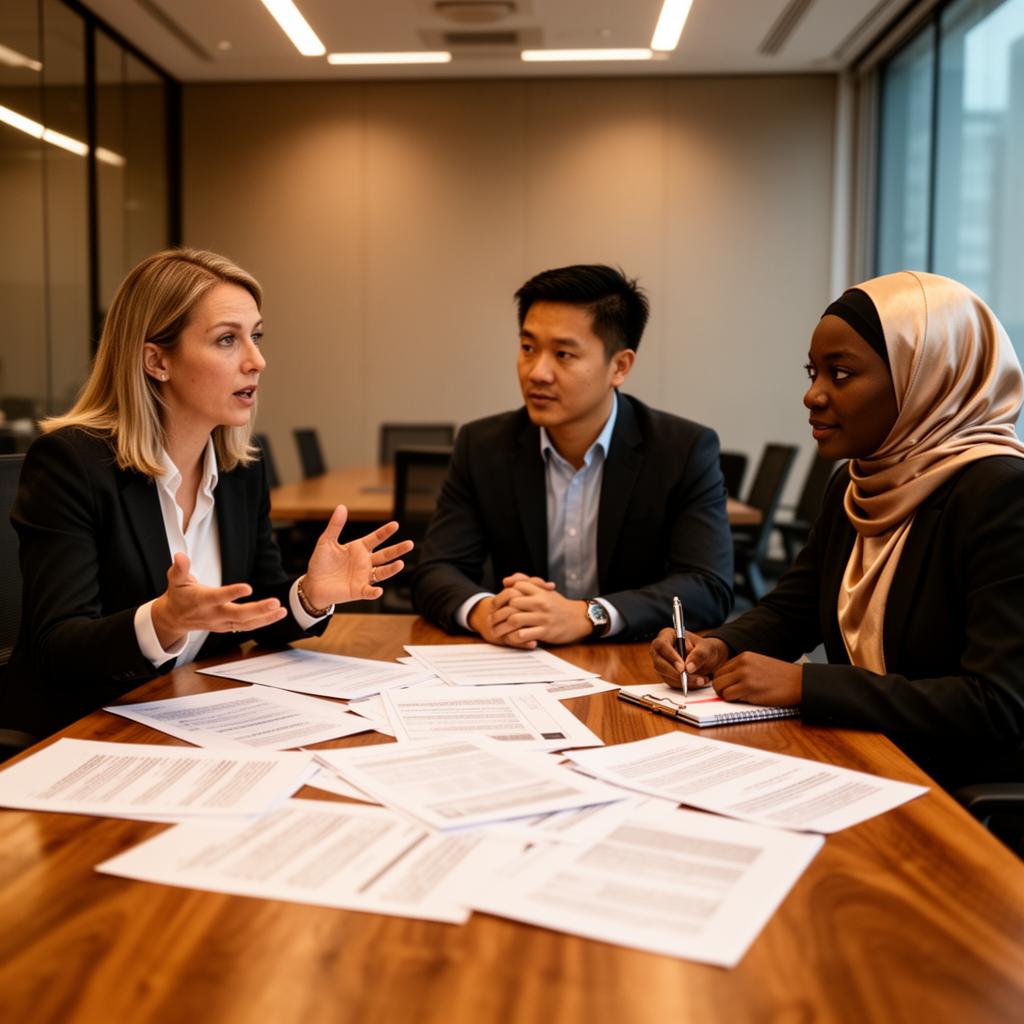 B2B consulting team reviewing old proposals in a modern boardroom