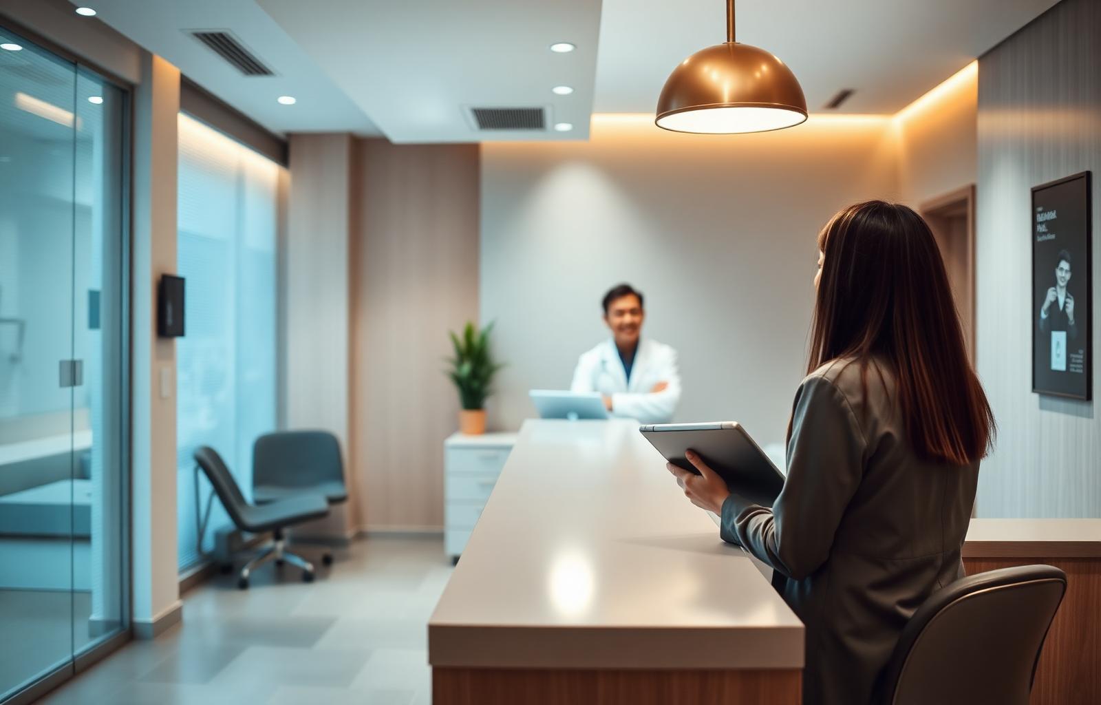 Dental clinic reception welcoming a new patient