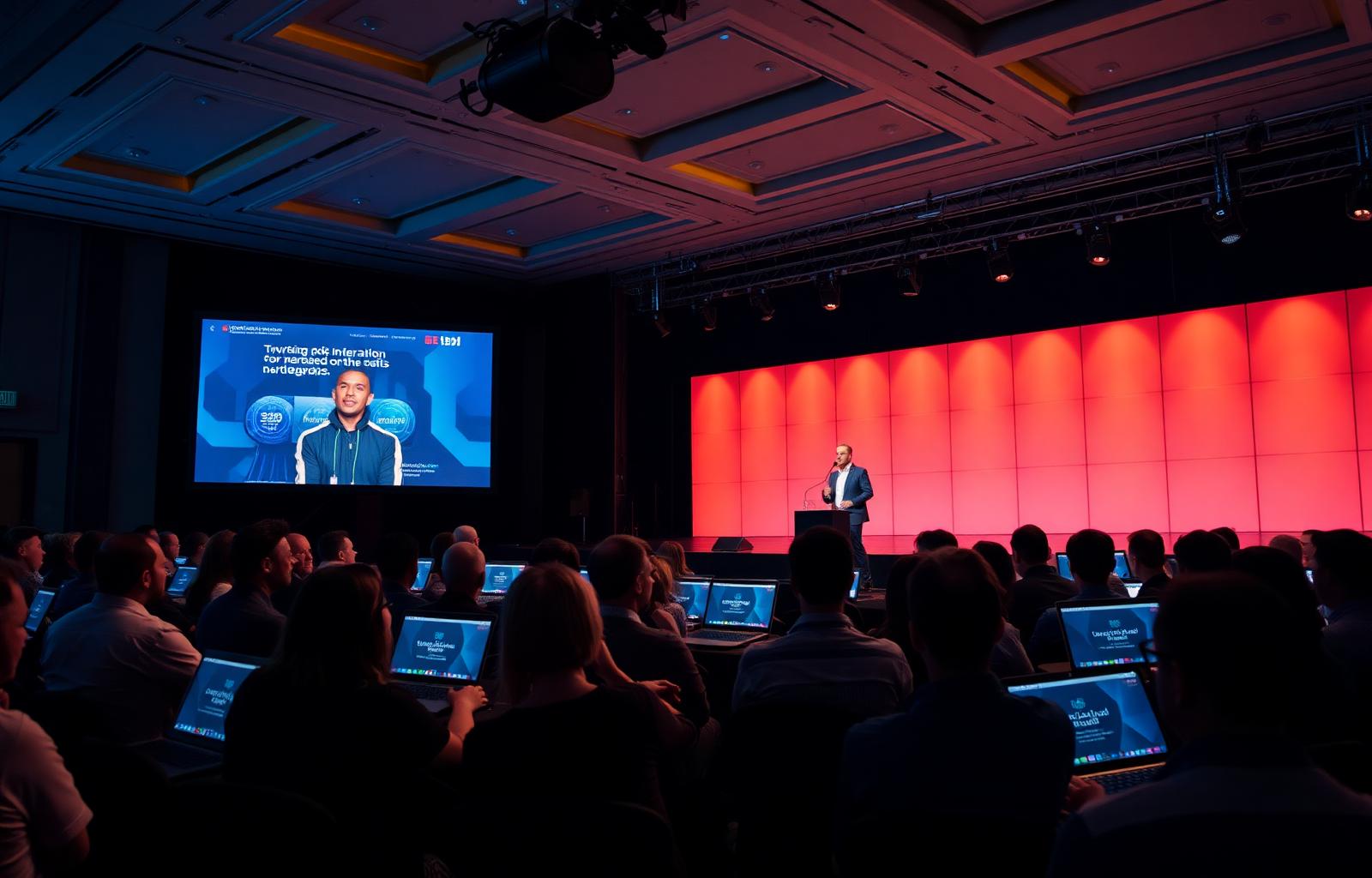 B2B webinar audience with speaker on stage